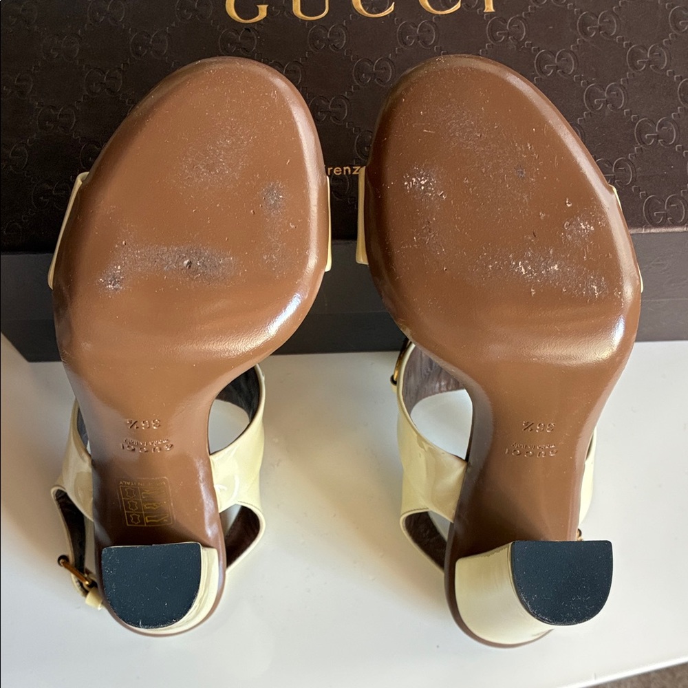 Gucci Cream Patent Leather Horsebit Block Heel Sandals - Picture 7 of 9